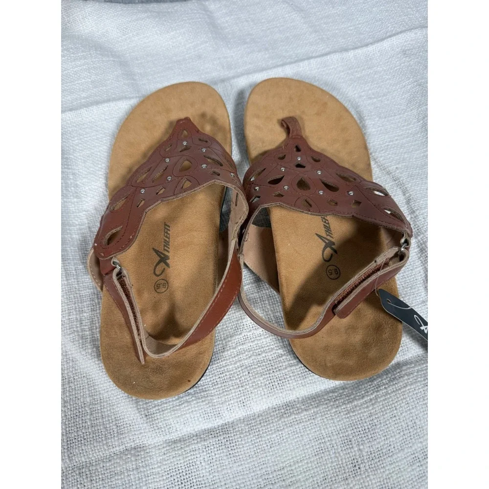 Athlefit Womens Orthotic Slingback Sandals Brown Laser Cut Thong Size 9.5 NEW‎